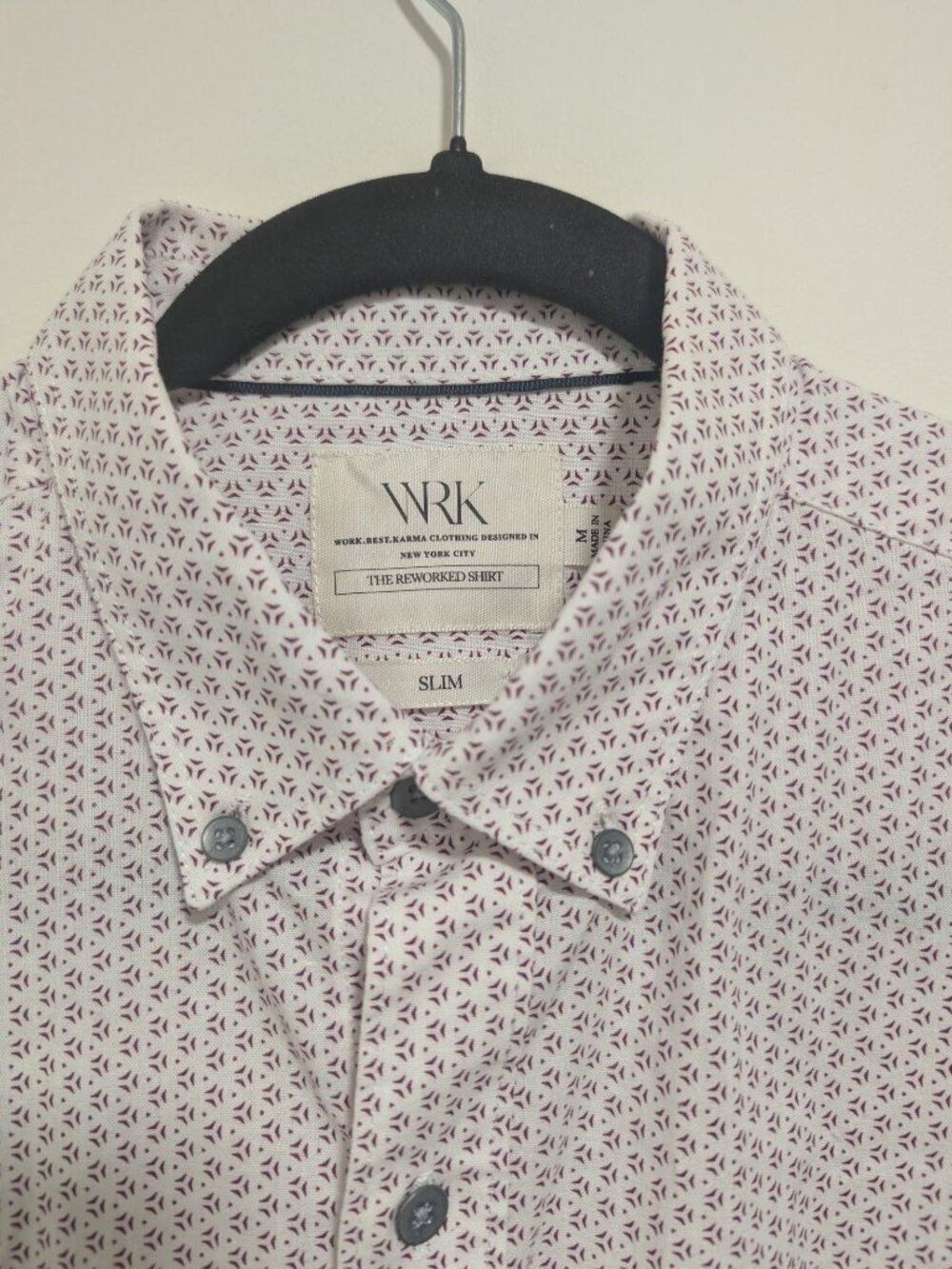 WRK | The Reworked Slim Fit Button Down In White/Burgundy Geometric - Picture 6 of 12